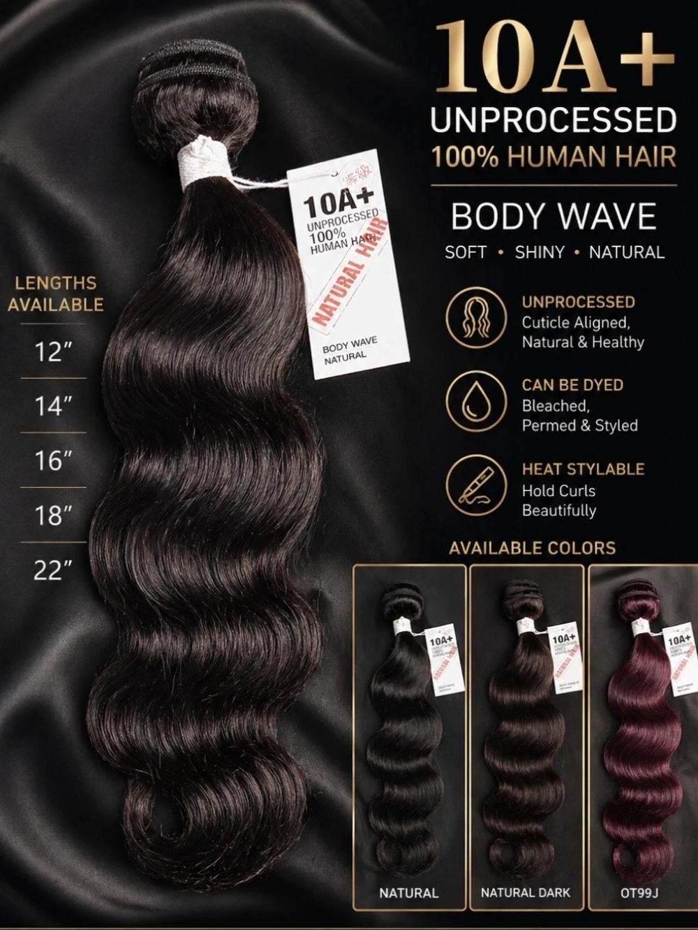 10A+ Unprocessed 100% Human Hair Natural Hair 18" Body Wave Color Natural